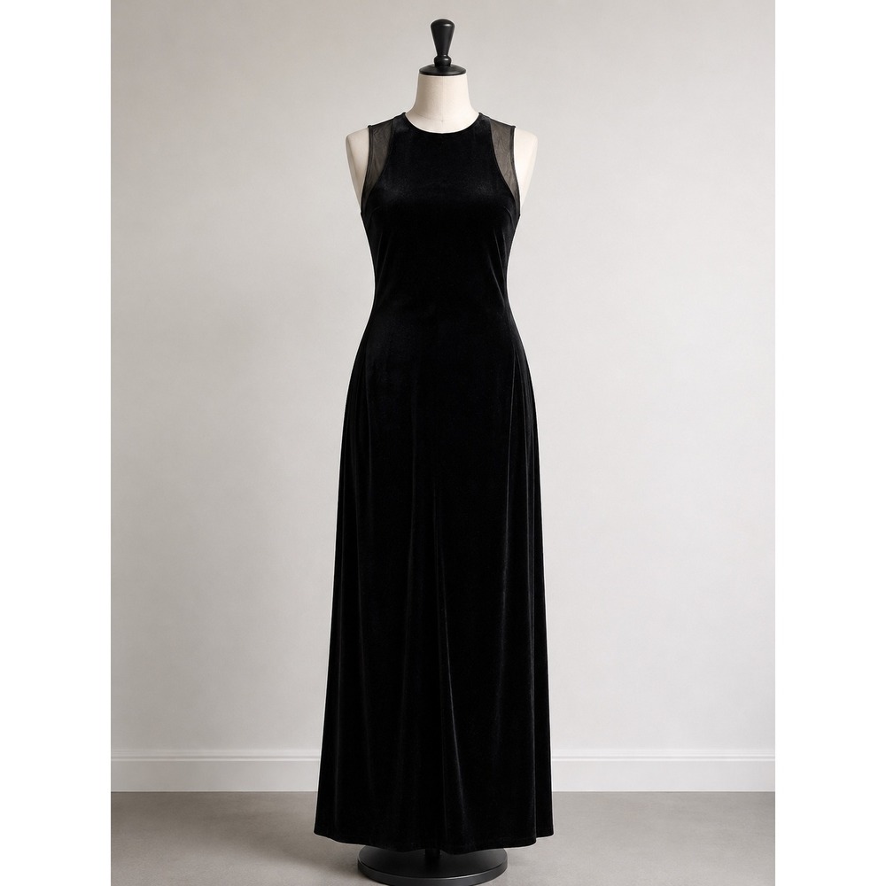 VTG Jessica Howard Black Velvet Mesh Back Maxi Dress Sleeveless Formal Gown Sz 4